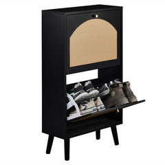 HAOYYE 2-Door Flip-Down Shoe Cabinet with High-Leg Arched Rattan Fronts, Durable Particle Board and Plastic Rattan Construction, Black Frame with Natural Wood Rattan Surface, Space-Saving Entryway Storage