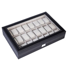 HAOYYE 24 Compartments Top-Level Opening Style Leather Watch Collection Box, Black Soft Cozy Warm Flannel Fleece Home Decor, Luxury Comfortable Unique Design, Premium Quality Decorative Storage Box for Watches, Jewelry, and Accessories