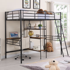 HAOYYE Twin Size Metal Loft Bed and Built-in Desk and Shelves,Black Sturdy Space-Saving Heavy Duty Modern Design Adults Dorm Room Easy Assembly Bedroom Furniture