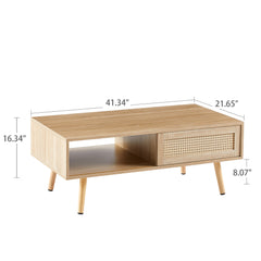 HAOYYE 41.34" Rattan Coffee table, sliding door for storage, solid wood legs, Modern table for living room , natural Sturdy Space-Saving Heavy Duty Modern Design Easy Assembly Durable Stylish Home Furniture