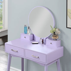 HAOYYE Liannon Contemporary Wood Vanity and Stool Set, Purple Makeup Vanity Table with Storage Drawers, Elegant Dressing Table with Round Mirror and Cushioned Stool, Stylish Compact Vanity Desk for Bedroom, Apartment, or Makeup Room