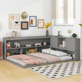 HAOYYE Full Floor Bed with L-shaped Bookcases, sliding doors,without slats,Grey Sturdy Space-Saving Heavy Duty Modern Design Easy Assembly Durable Stylish Home Furniture Versatile