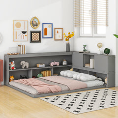 HAOYYE Full Floor Bed with L-shaped Bookcases, sliding doors,without slats,Grey Sturdy Space-Saving Heavy Duty Modern Design Easy Assembly Durable Stylish Home Furniture Versatile
