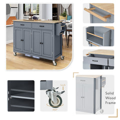 HAOYYE Kitchen Island Cart with Solid Wood Top and Locking Wheels, 4-Door Cabinet and 2 Drawers, Spice Rack, Towel Rack, Grey Blue, Sturdy Space-Saving Design, Heavy Duty Construction, Easy Assembly, Stylish and Durable Home Furniture