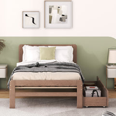 HAOYYE Modern Twin Size Platform Bed Frame With 2 Drawers, Walnut Finish, Space-Saving Heavy Duty Construction, Ideal For Adults And Dorm Rooms, Easy Assembly Bedroom Furniture