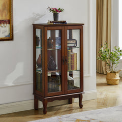 HAOYYE Lighted Curio Cabinet With Adjustable Shelves, Mirrored Back Panel, Tempered Glass Doors, Walnut Finish, 3 Tier Sturdy Space-Saving Heavy Duty Display Case For Living Room, Dining Room, Office