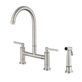 Haoyye Double Handle Bridge Kitchen Faucet with Side Sprayer, 360° Swivel High Arc Faucet with Dual Handle Control, Brushed Nickel SUS304 Stainless Steel Construction, Water-Saving Aerator, Modern Design for Home Kitchen, Easy to Install