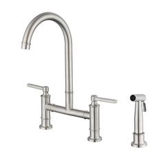 Haoyye Double Handle Bridge Kitchen Faucet with Side Sprayer, 360° Swivel High Arc Faucet with Dual Handle Control, Brushed Nickel SUS304 Stainless Steel Construction, Water-Saving Aerator, Modern Design for Home Kitchen, Easy to Install