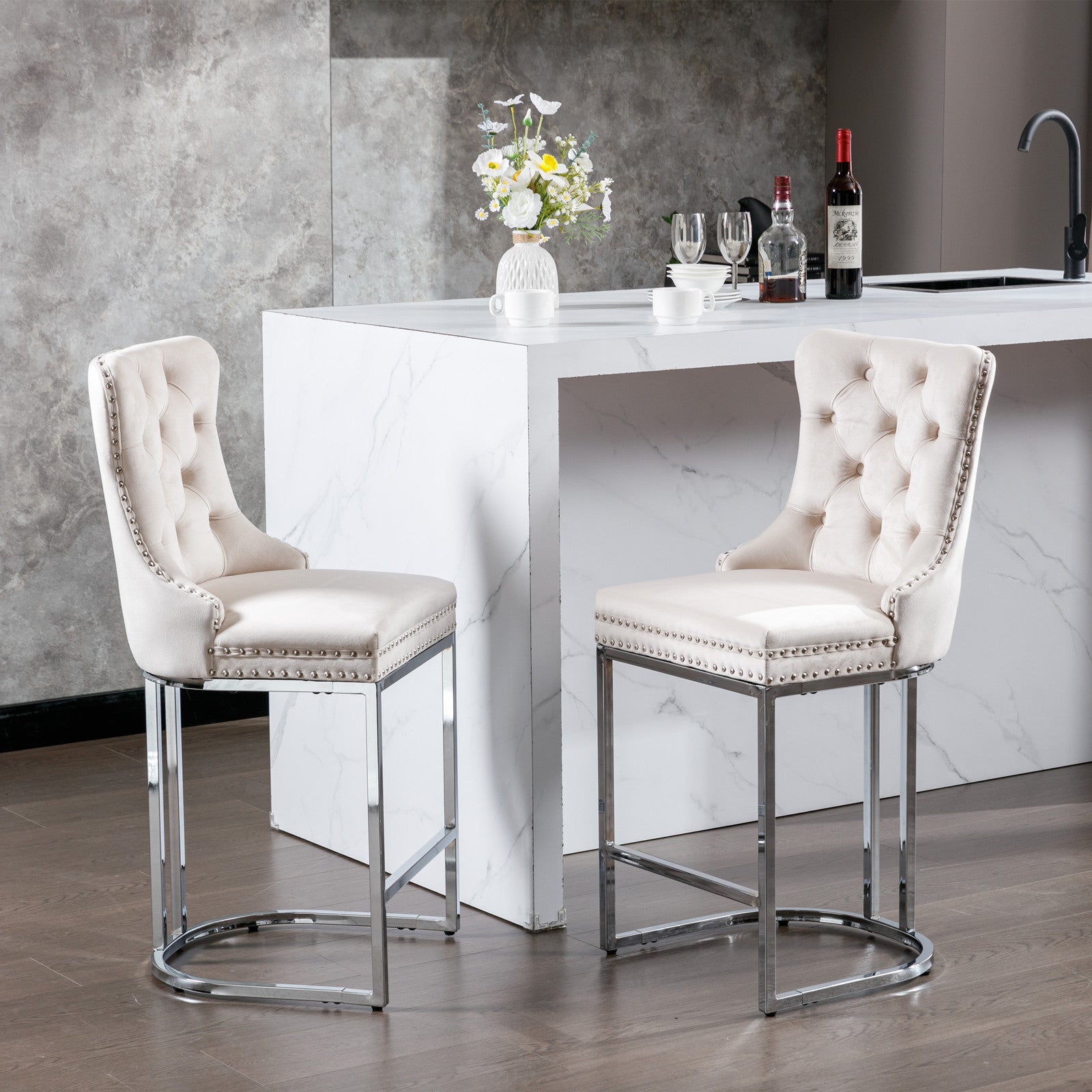 HAOYYE 26" Counter Height Bar Stools Set of 2, Modern Velvet Barstools with Button Back&Rivet Trim Upholstered Kitchen Island Chairs with Sturdy Chromed Metal Base Legs Farmhouse Bar Stools, (Beige,2 Pack)