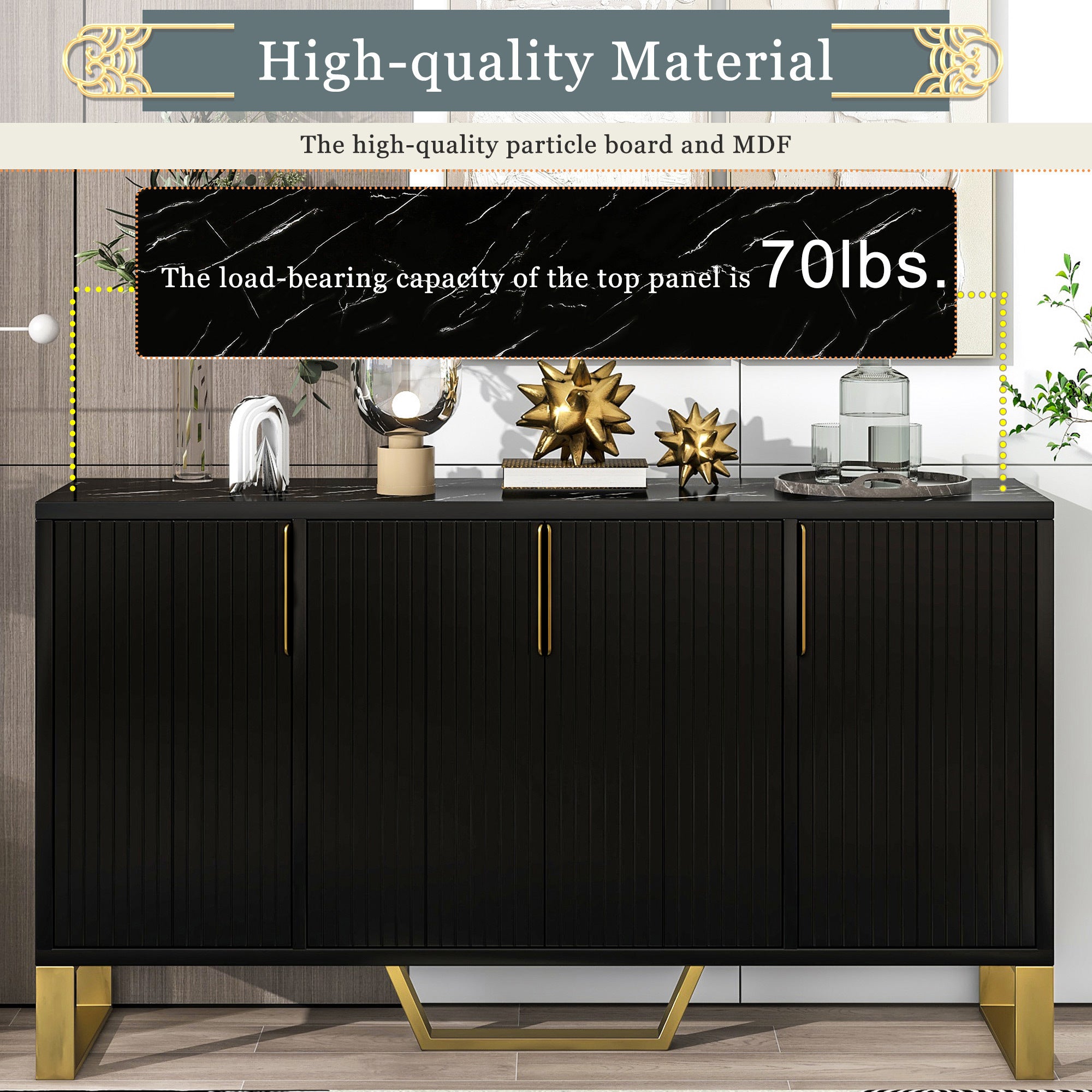 HAOYYE Modern Sideboard with Four Doors, Metal Handles and Legs, Adjustable Shelves, Stylish Storage Cabinet for Kitchen, Dining Room, Living Room, Black, Sturdy Space-Saving Heavy Duty Design, Ideal for Home and Apartment, Easy Assembly