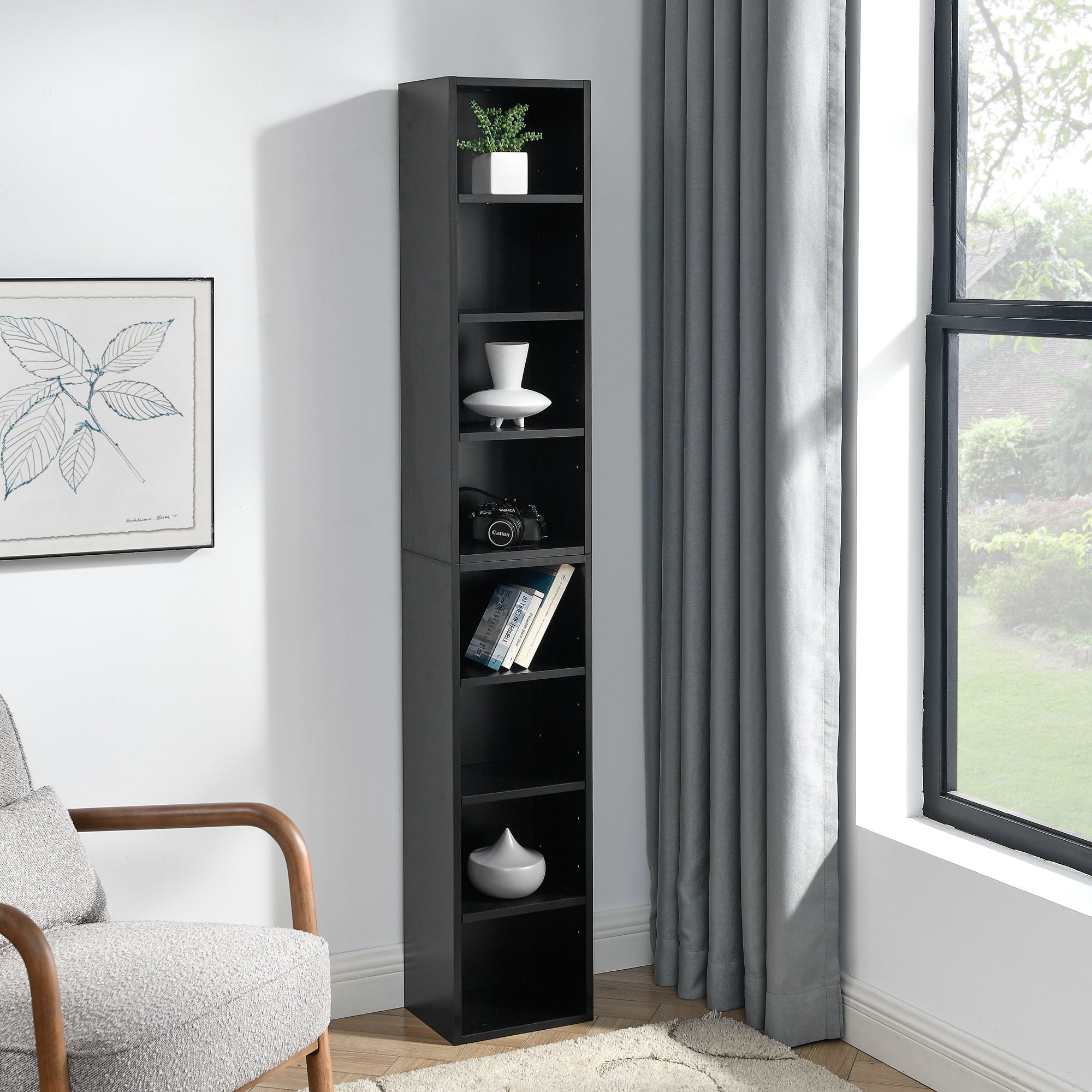 Haoyye 8 Tier Media Tower Rack With Adjustable Shelves For CD DVD Storage, Slim Cabinet Display, Tall Narrow Bookcase Design For Home Office Organizer