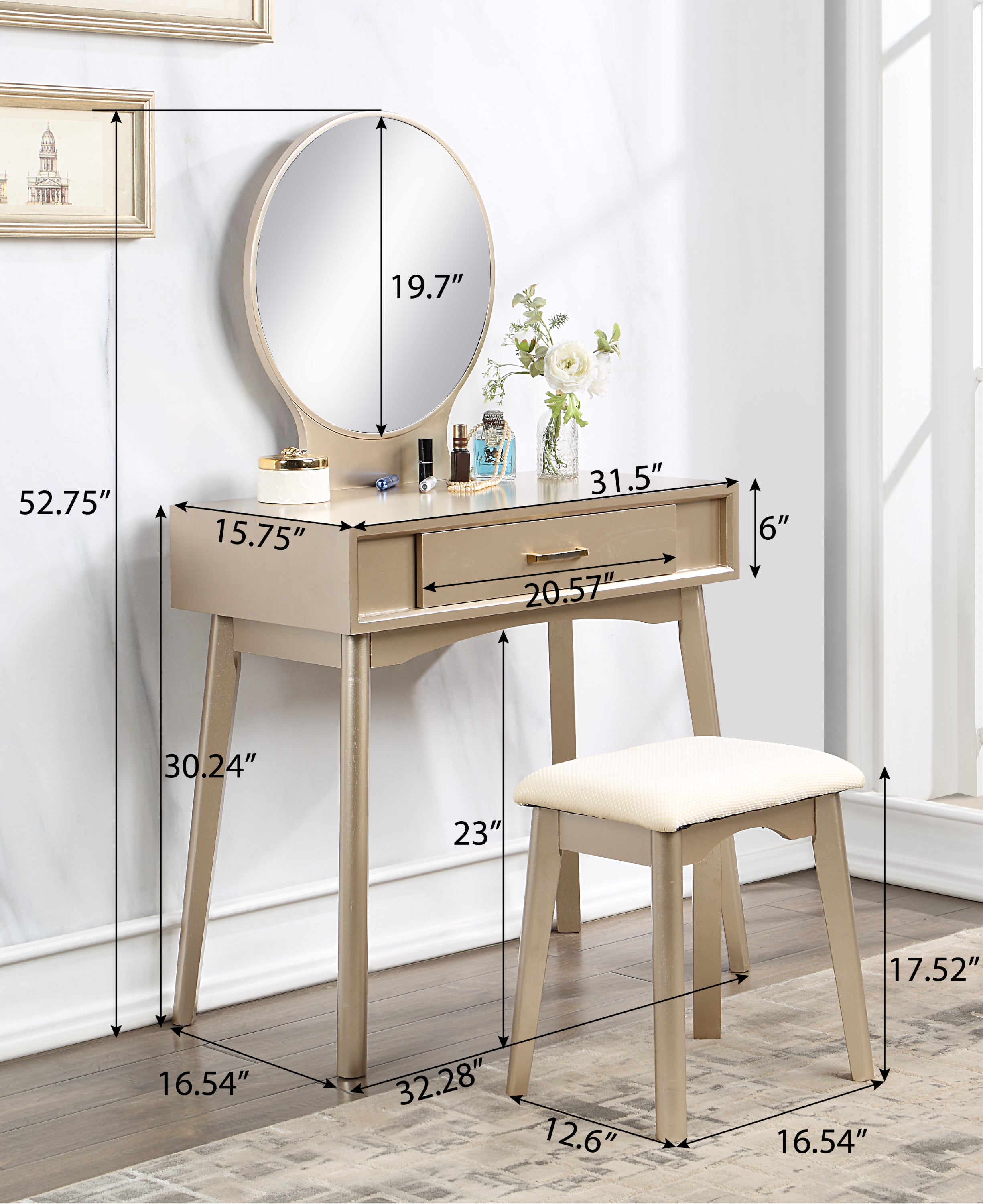 HAOYYE Liannon Contemporary Wood Vanity and Stool Set, Purple Makeup Vanity Table with Storage Drawers, Elegant Dressing Table with Round Mirror and Cushioned Stool, Stylish Compact Vanity Desk for Bedroom, Apartment, or Makeup Room