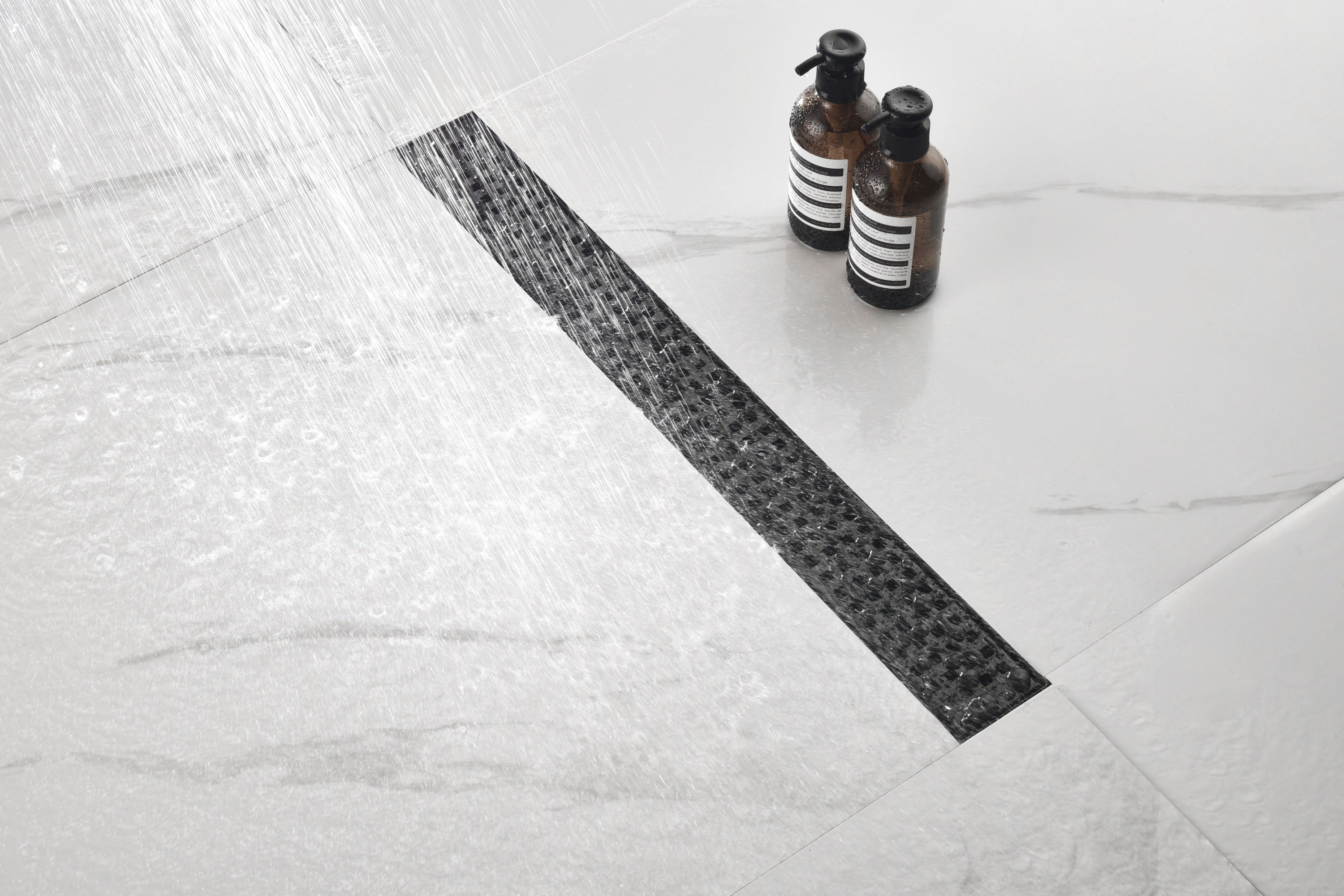 HAOYYE Linear Shower Drain with Removable Quadrato Pattern Grate, 304 Stainless Shower Drain Included Hair Strainer and Leveling Feet Sturdy Space-Saving Heavy Duty Modern Design Adults Dorm Room