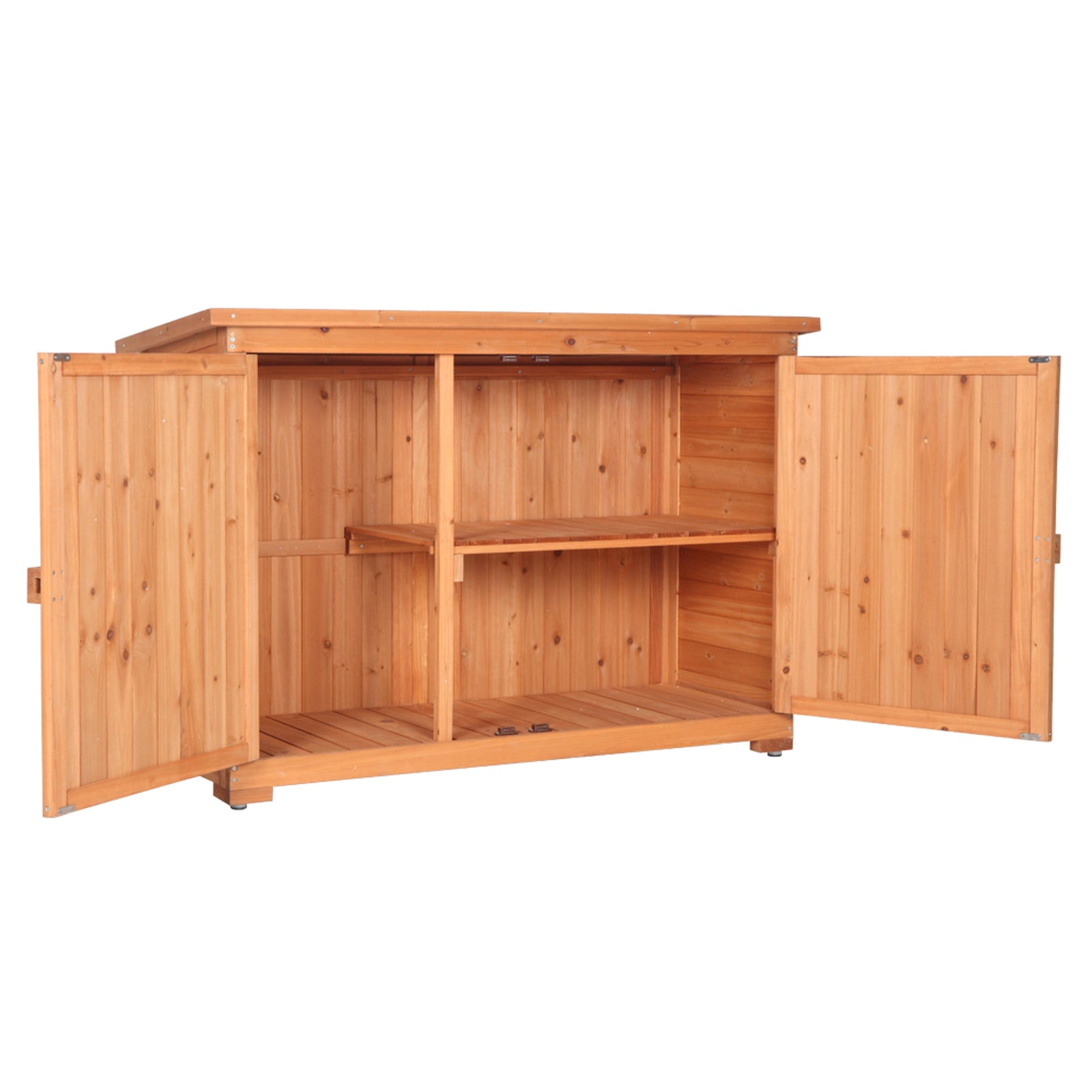 HAOYYE Double Doors Fir Wood Outdoor Storage Cabinet with Lock, Weatherproof Garden Shed Locker for Tools and Patio Supplies, Vertical Organizer Unit with Shelves for Backyard, Porch, or Balcony Use Orange Red