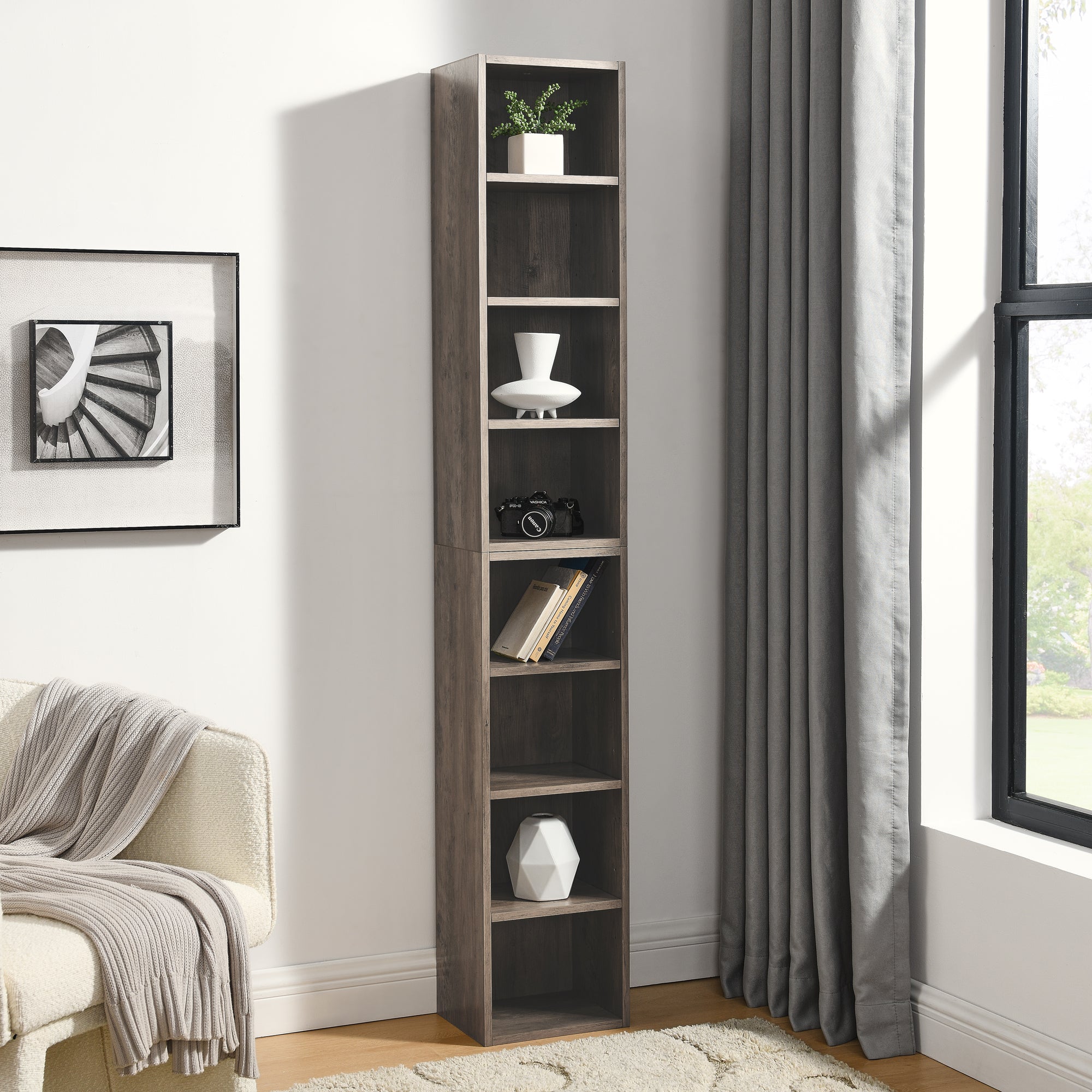 HAOYYE 8-Tier Media Tower Rack, CD DVD Slim Storage Cabinet with Adjustable Shelves, Tall Narrow Bookcase Display Bookshelf for Home Office,Multi-functional double-decker bookcase Sturdy Space-Saving