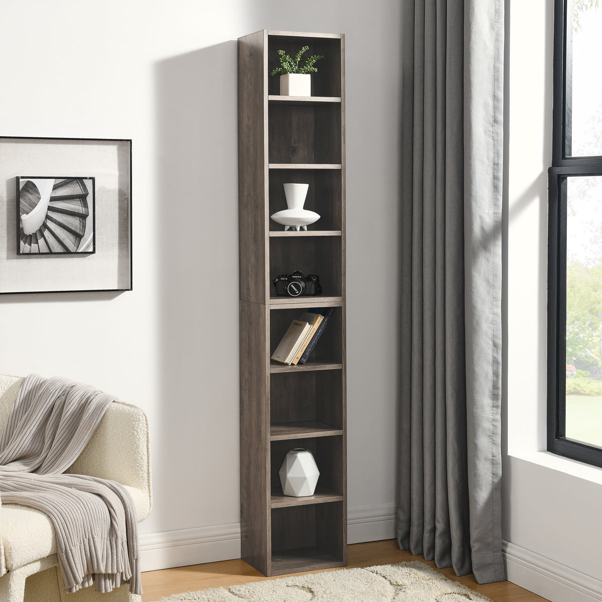 HAOYYE 8-Tier Media Tower Rack, CD DVD Slim Storage Cabinet with Adjustable Shelves, Tall Narrow Bookcase Display Bookshelf for Home Office,Multi-functional double-decker bookcase Sturdy Space-Saving