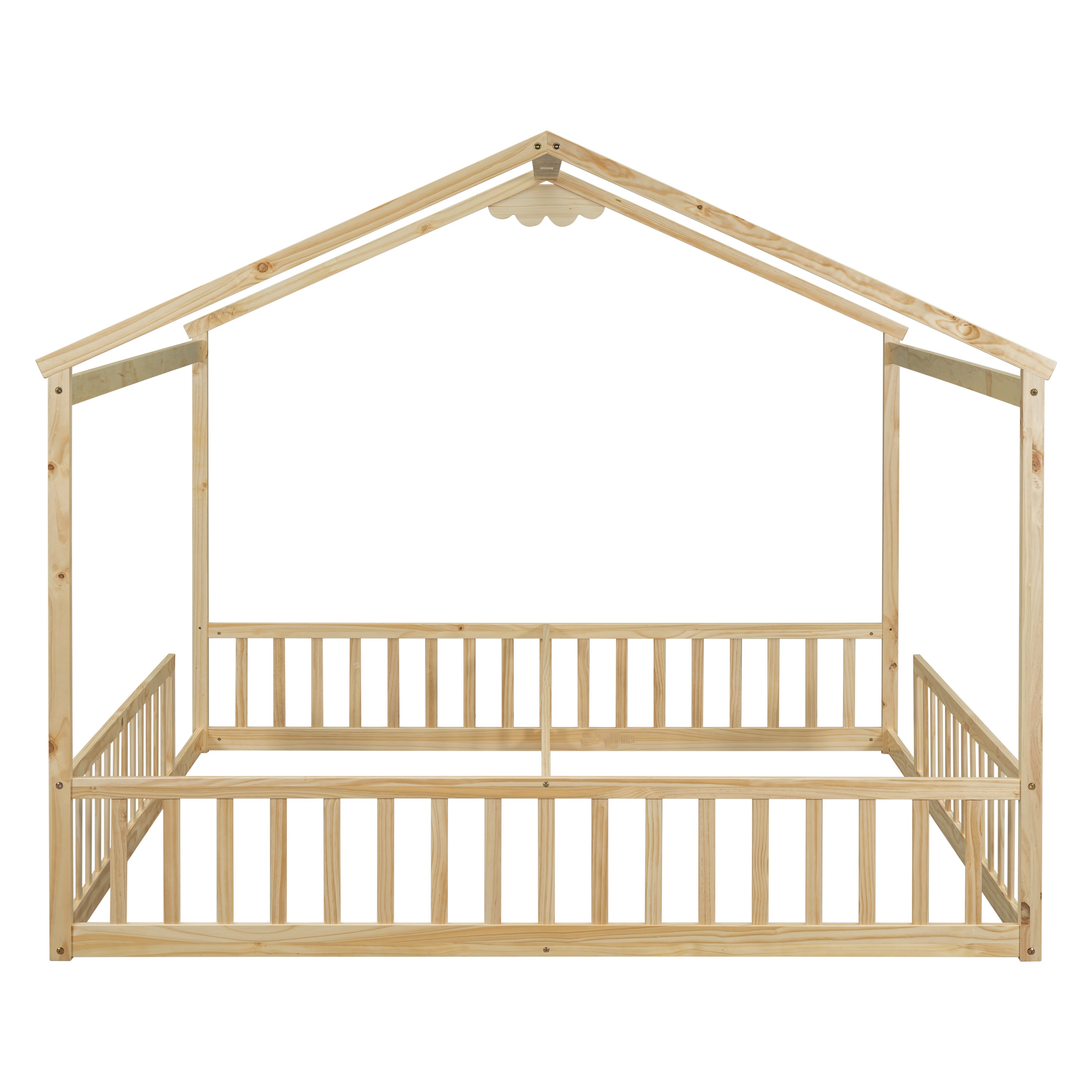 HAOYYE Double Twin House-Style Floor Bed with Fence, Guardrails, without door, Natural Sturdy Space-Saving Heavy Duty Modern Design Adults Dorm Room Easy Assembly Bedroom Furniture