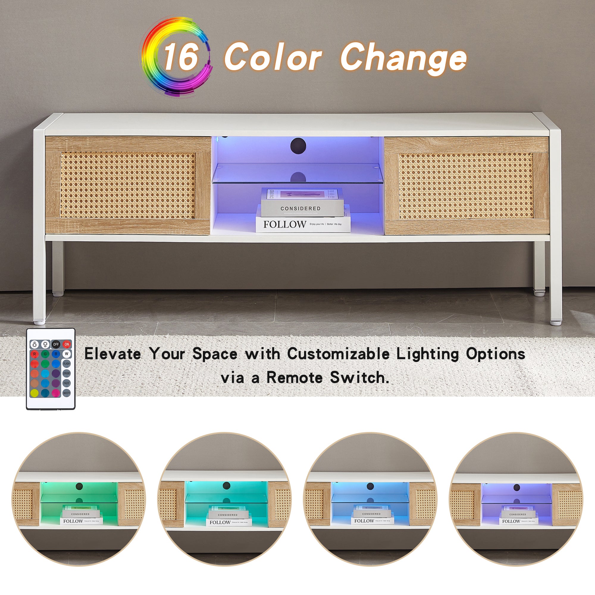 HAOYYE Rattan TV Cabinet with Adjustable Shelf and Variable Color Light Strip, Double Sliding Doors for Storage, Metal Legs, Durable and Space-Saving, Modern TV Console for Living Room, White