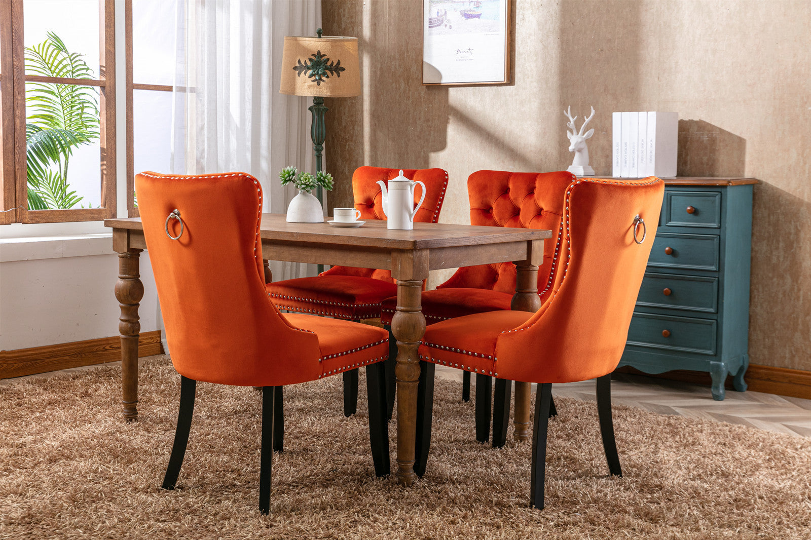 HAOYYE High-end Tufted Solid Wood Contemporary Velvet Upholstered Dining Chair with Wood Legs Nailhead Trim 2-Pcs Set, Orange, SW2001OG Sturdy Space-Saving Heavy Duty Modern Design
