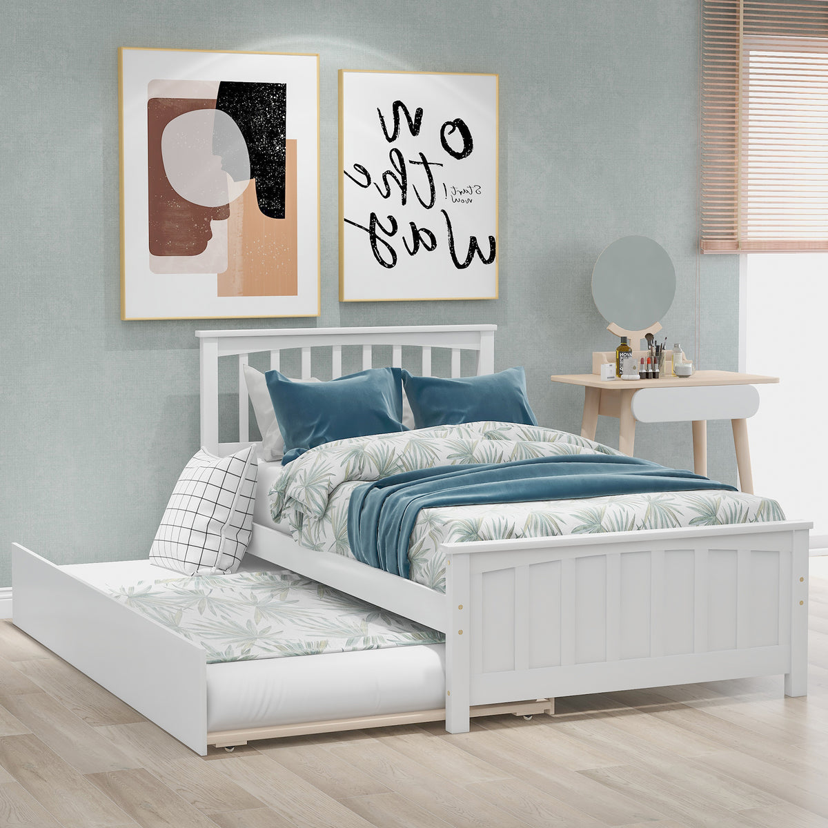 HAOYYE Twin size Platform Bed with Trundle, White Sturdy Space-Saving Heavy Duty Modern Design Easy Assembly Durable Stylish Home Furniture Versatile