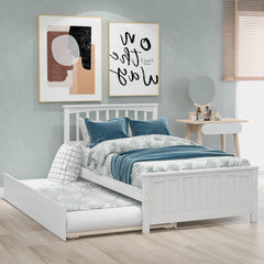 HAOYYE Twin size Platform Bed with Trundle, White Sturdy Space-Saving Heavy Duty Modern Design Easy Assembly Durable Stylish Home Furniture Versatile