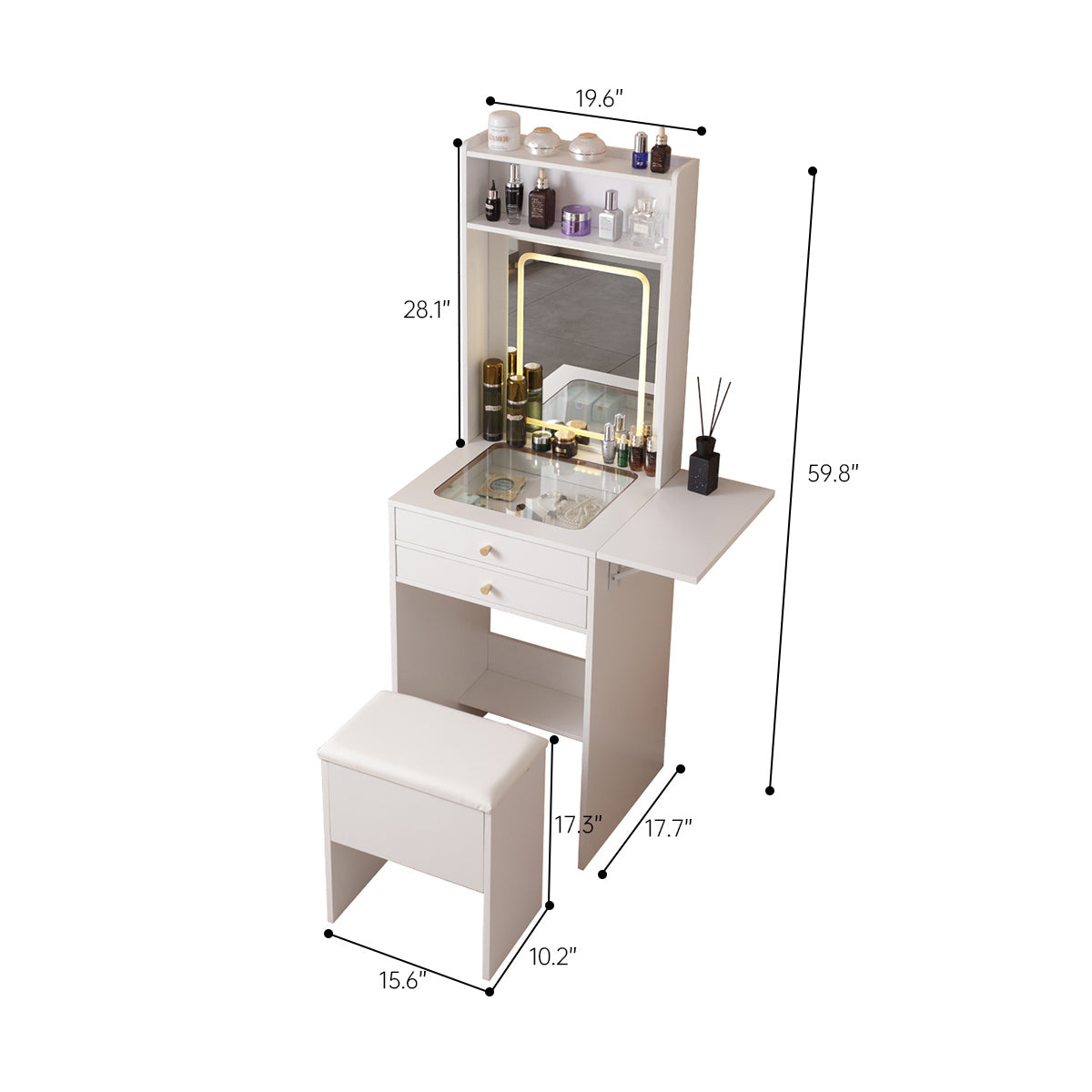 HAOYYE Vanity Desk With Lighted Mirror, Makeup Table With Drawers And Storage Cabinet, Glass Desktop, Adjustable Brightness, Storage Stool, Modern White Design For Bedroom, Sturdy Space-Saving Construction