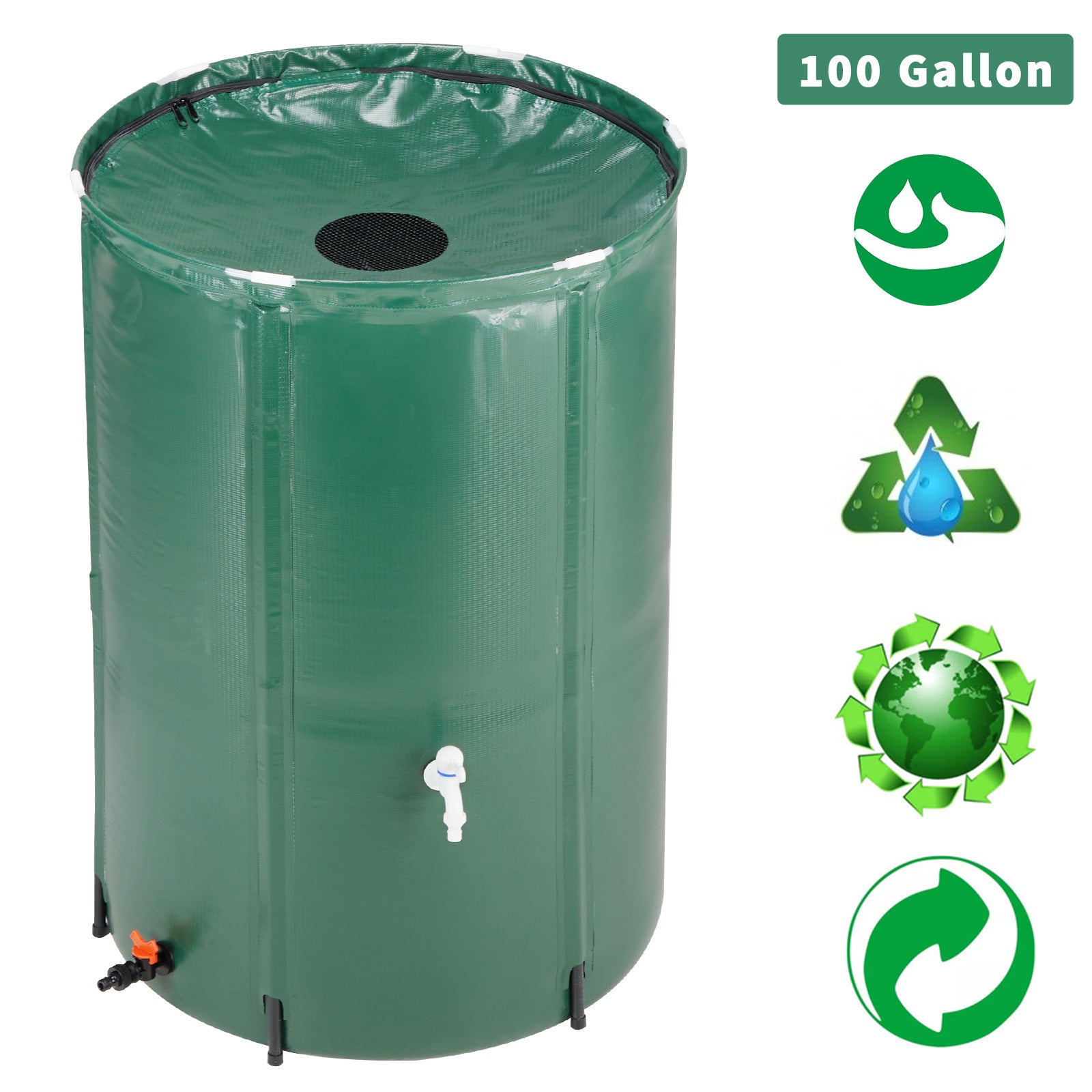 HAOYYE Green 100 Gallon Folding Rain Barrel Water Collector with Durable PVC Mesh and Support Rods, Mold and Mildew Resistant, Easy to Carry and Store, Ideal for Gardens, Planter Beds, Indoor Plants, and Outdoor Watering