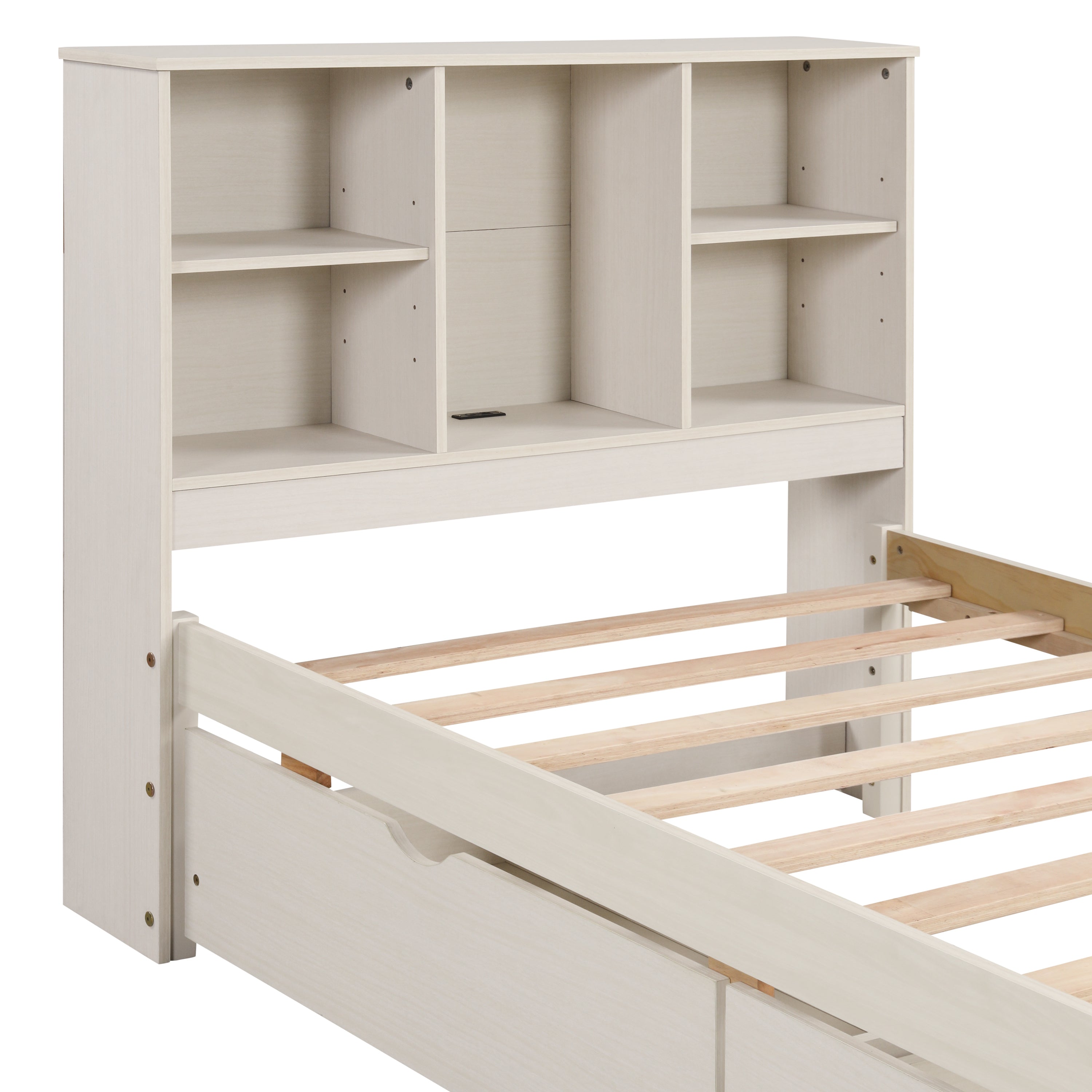 HAOYYE Modern Twin Size Bed Frame with Built-In USB Port on Bookcase Headboard and Two Drawers for White Washed Color, Sturdy Space-Saving Design, Heavy Duty Construction, Easy Assembly, Durable and Stylish Home Furniture