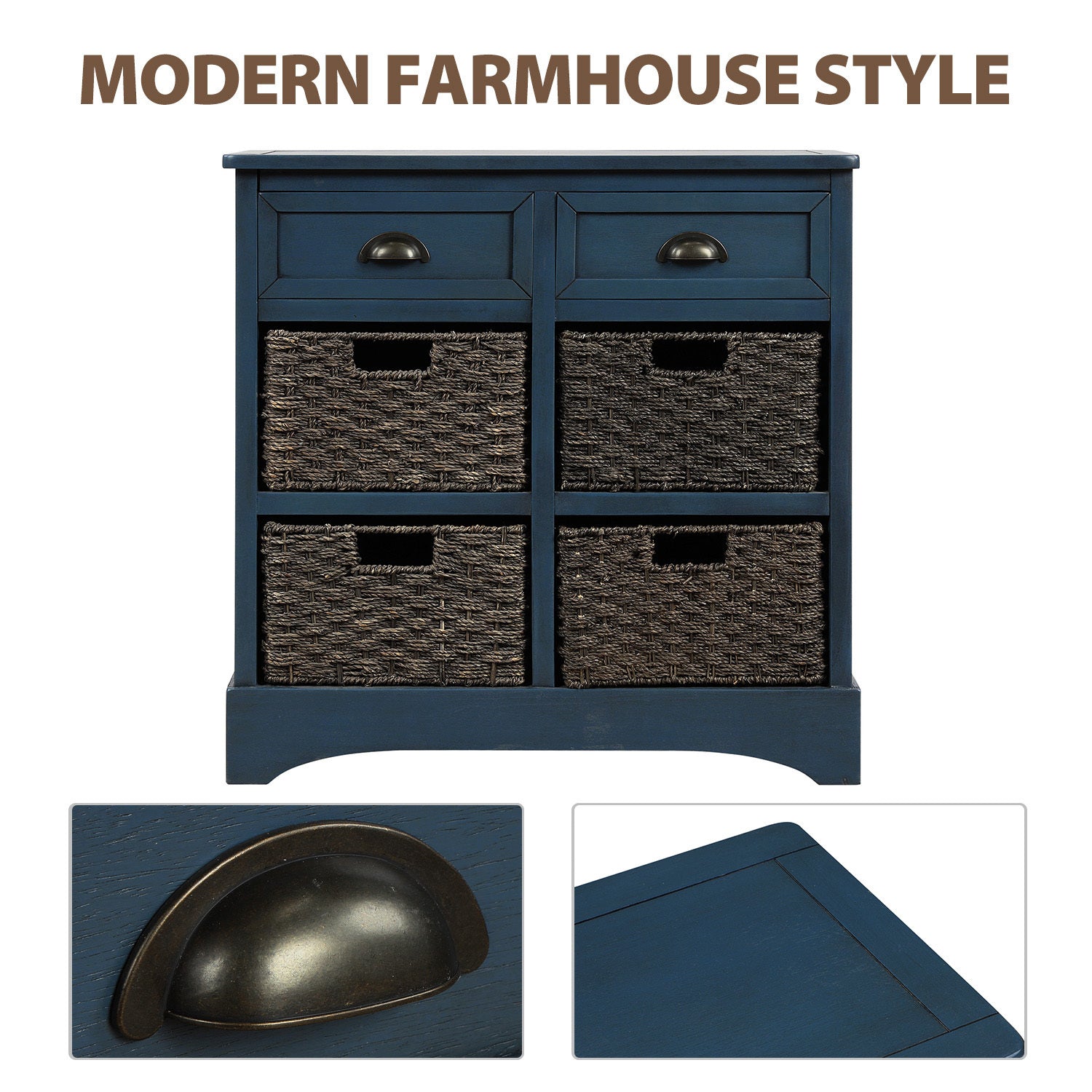 HAOYYE Rustic Storage Cabinet with Two Drawers and Four Classic Rattan Baskets for Dining Room, Entryway, or Living Room, Antique Navy, Sturdy Space-Saving Design, Heavy Duty Construction, Easy Assembly, Durable and Stylish Home Furniture