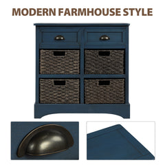HAOYYE Rustic Storage Cabinet with Two Drawers and Four Classic Rattan Baskets for Dining Room, Entryway, or Living Room, Antique Navy, Sturdy Space-Saving Design, Heavy Duty Construction, Easy Assembly, Durable and Stylish Home Furniture