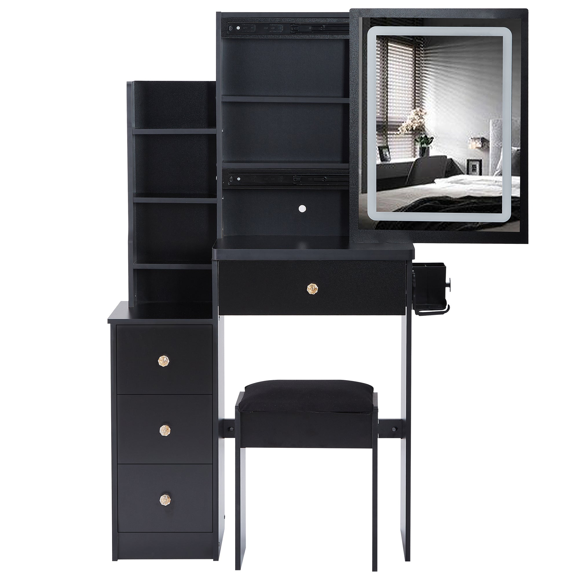 HAOYYE Small Size Left Bedside Cabinet Vanity Table + Cushioned Stool, 2 AC+2 USB Power Station, Hair dryer bracket, Extra Large Touch Control Sliding LED Mirror, Tri-color Switching, EPA,GCC,UL Certificate