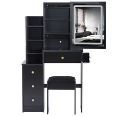 HAOYYE Small Size Left Bedside Cabinet Vanity Table + Cushioned Stool, 2 AC+2 USB Power Station, Hair dryer bracket, Extra Large Touch Control Sliding LED Mirror, Tri-color Switching, EPA,GCC,UL Certificate