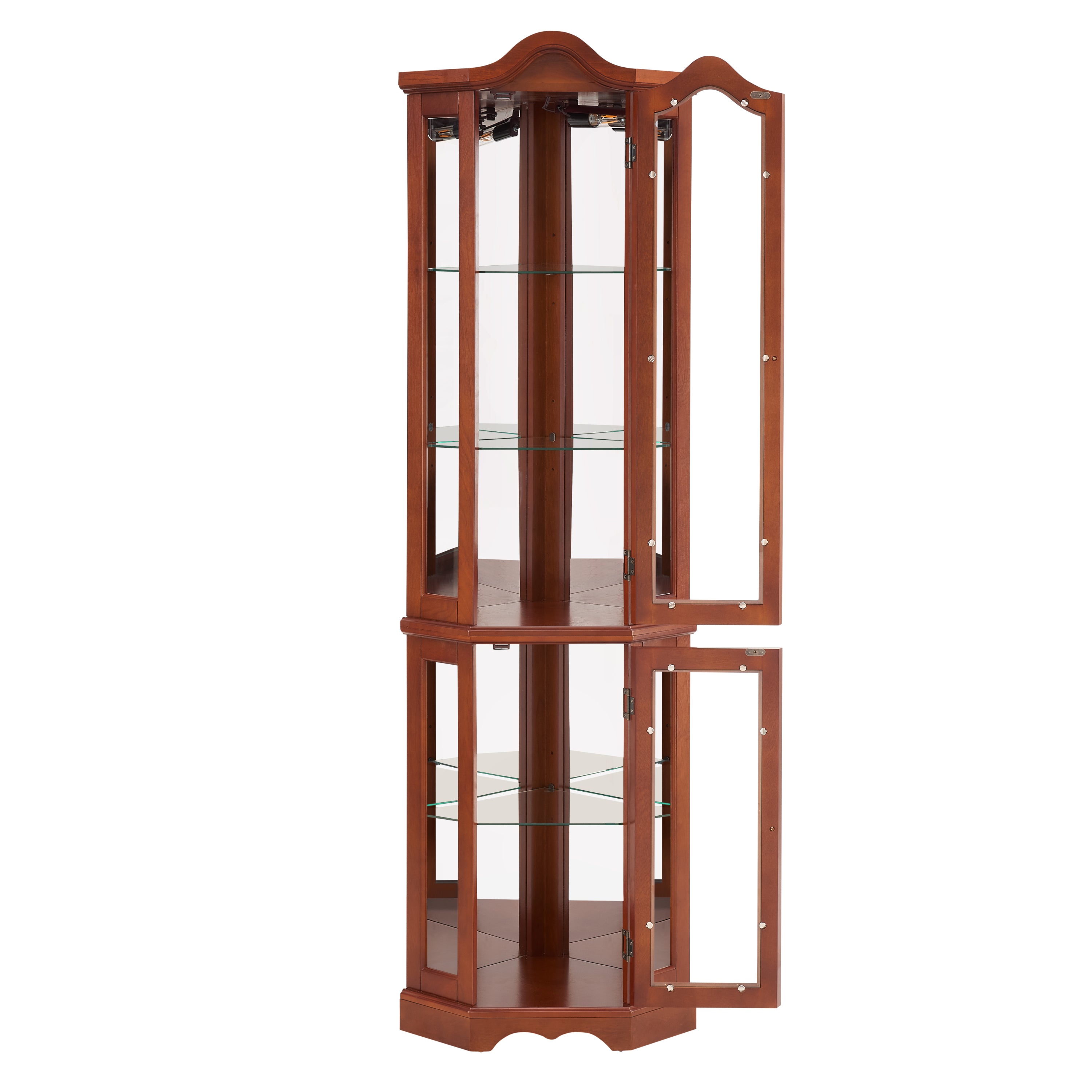 HAOYYE Corner Curio Cabinet with Adjustable Tempered Glass Shelves, Mirrored Back, LED Lights, Elegant Display Cabinet in Walnut Finish, Sturdy Space-Saving Design, Modern Heavy Duty Storage for Home, Office, Living Room