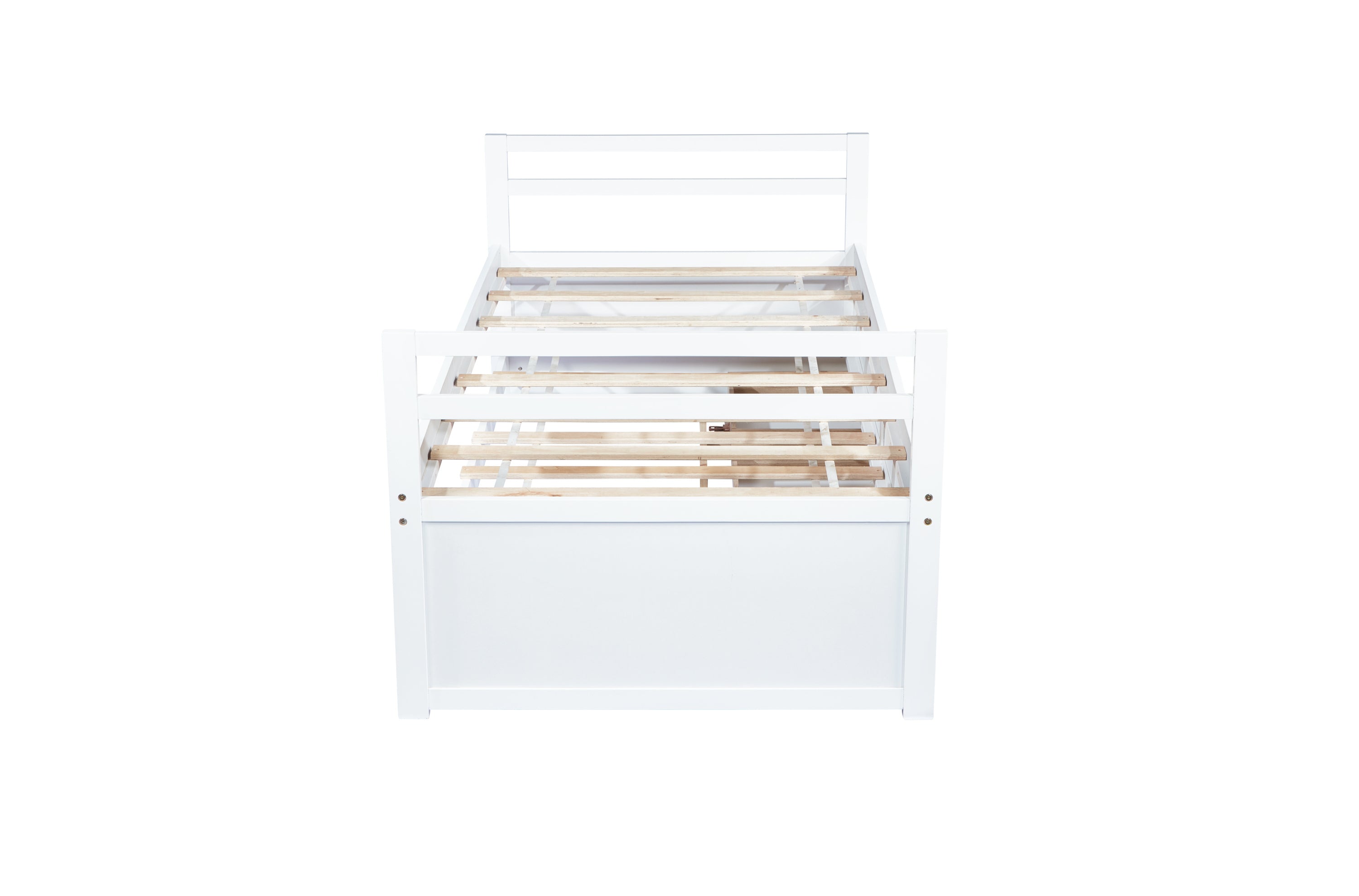 HAOYYE Twin Bed with Headboard, Footboard, Trundle and Storage Drawers, Pine Wood Twin Size Bed, White, Sturdy Space-Saving Heavy Duty Construction, Ideal for Adults and Dorm Rooms