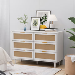 HAOYYE 6-Drawer Rattan Storage Cabinet with White Finish, Stylish and Functional Organizer for Bedroom, Living Room, or Hallway, Elegant Rattan Drawer Design, Space-Saving