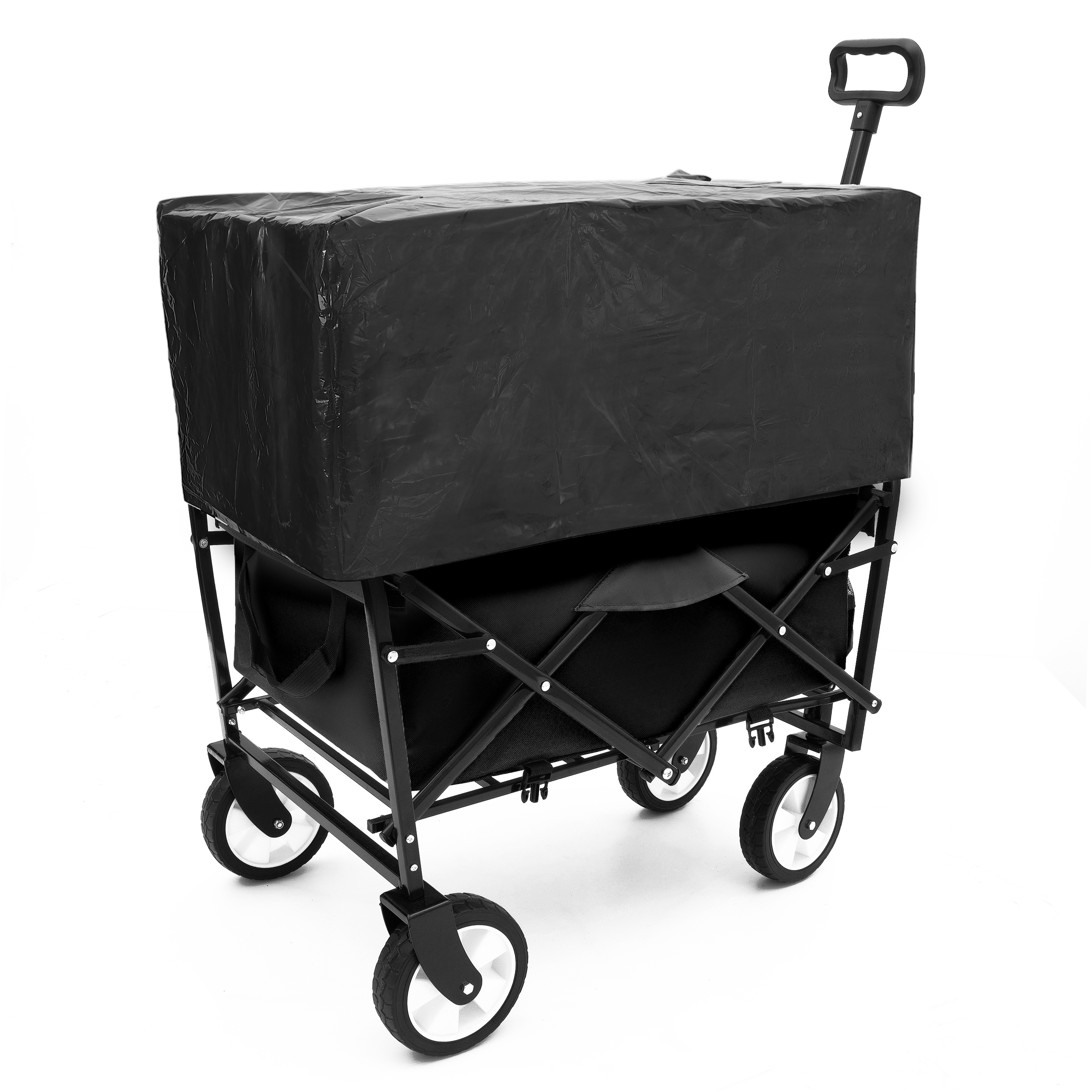 HAOYYE Multi Use Collapsible Foldable Wagon Cart Heavy Duty Utility Cart with 3 Plastic Liner Bags and Cover Grocery Wagon for Beach Camping Picnic Outdoor Travel Black