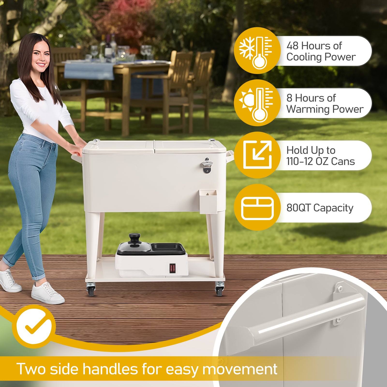 HAOYYE Milk White Rolling Cooler Cart Outdoor Beverage Tub with Bottle Opener Cap Catcher Insulated Ice Chest on Wheels Locking Casters for Patio Pool Party BBQ Camping