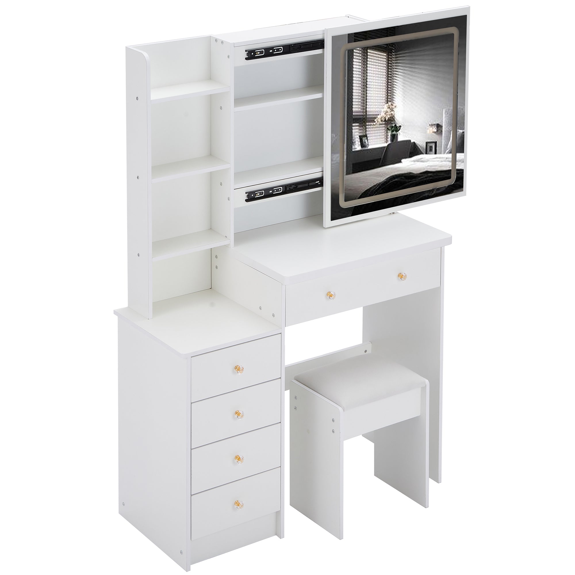 HAOYYE 37" Middle Size Left Bedside Cabinet Vanity Table + Cushioned Stool Dresser Set, 2 AC+2 USB Socket, Hair Dryer Stand, Large Touch Control LED Sliding Mirror, 3-color Switch, EPA, GCC, UL Certificate