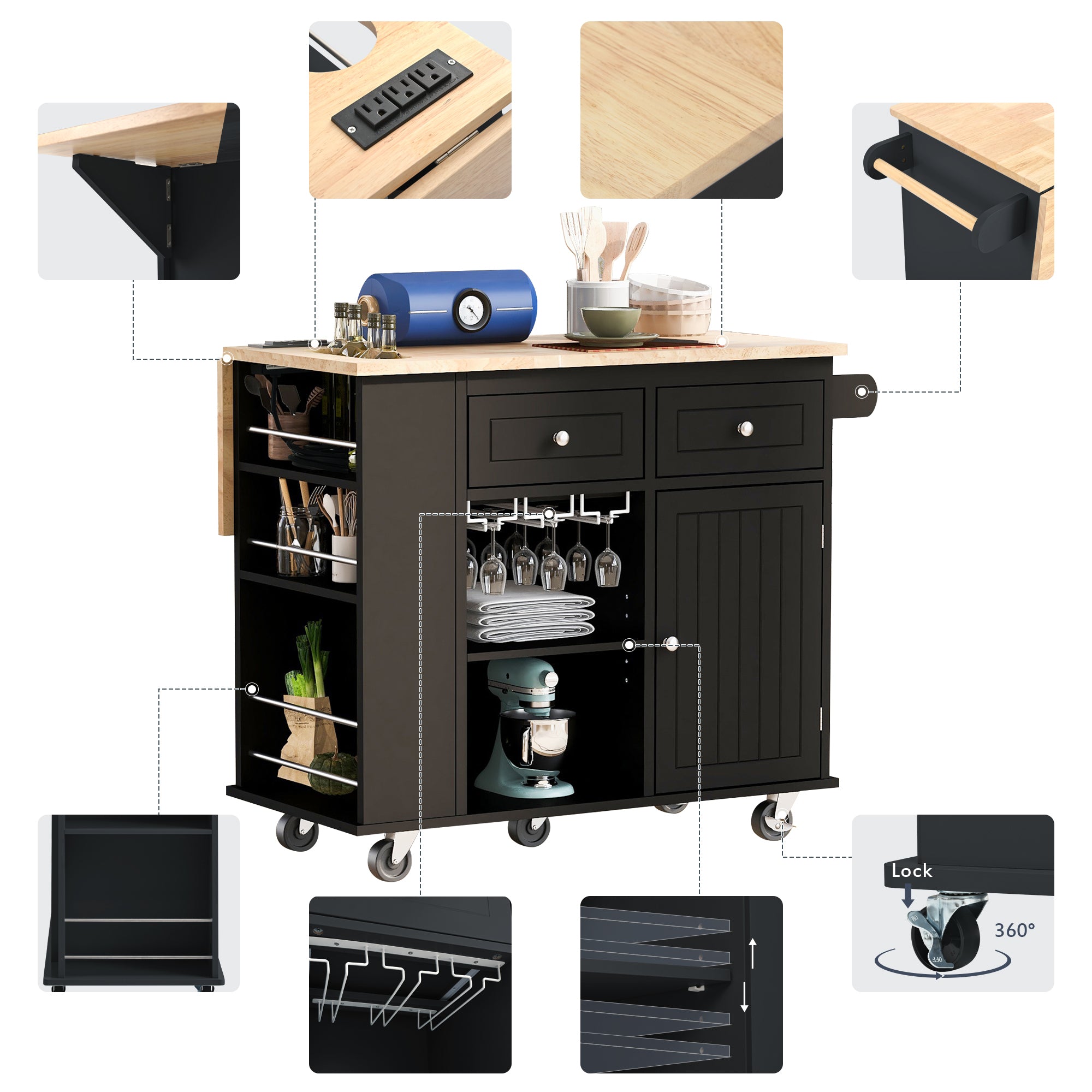 HAOYYE Kitchen Island with Power Outlet, Drop Leaf, Rubber Wood Top, Wine Rack, and Adjustable Storage. Black Kitchen Storage Island on Wheels, Ideal for Home, Kitchen, and Dining Room