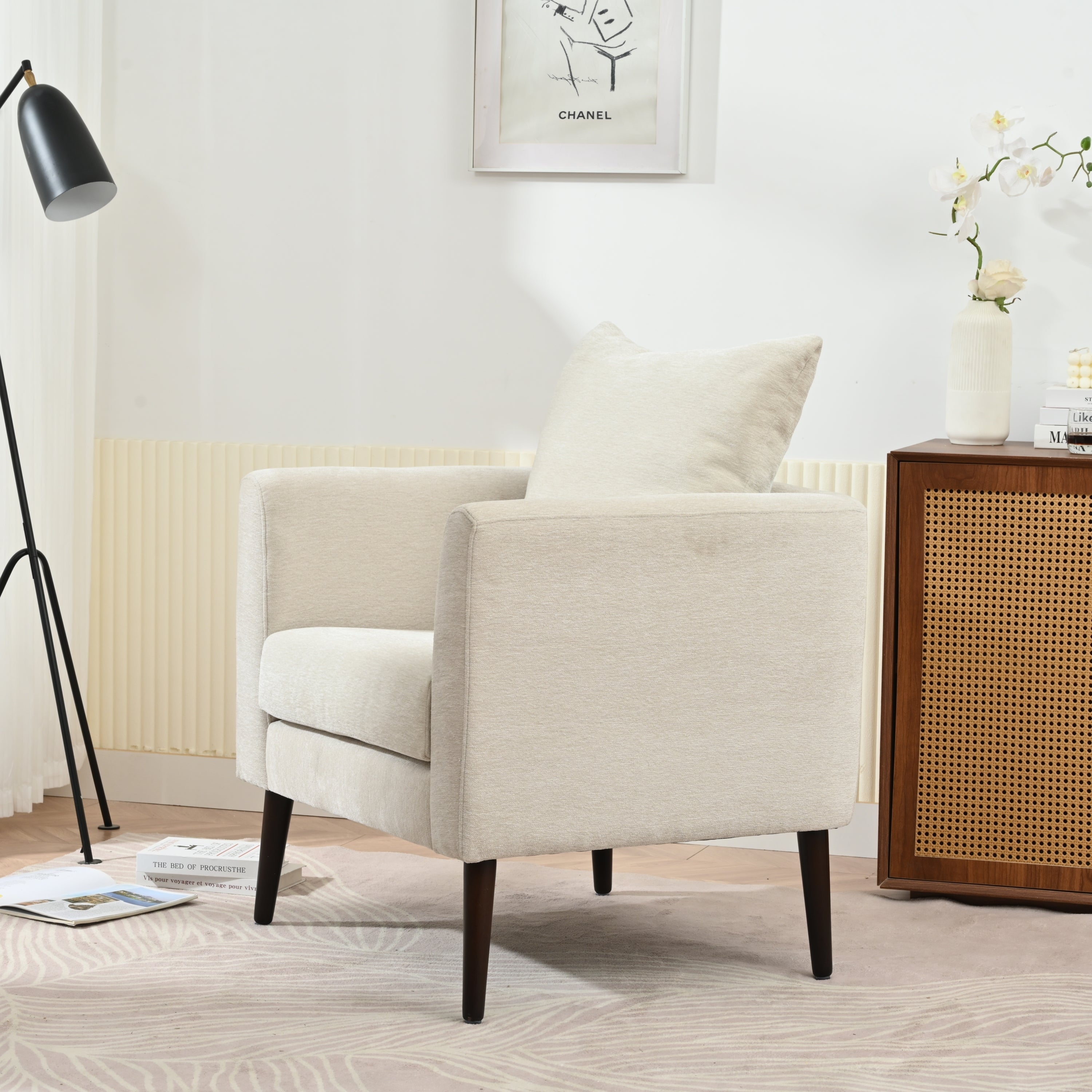 HAOYYE Barrel Chair, Chenille Accent Chair, Fabric Armchair Club Chair,Upholstered Arm Chair with Solid Wood Legs,Waist Pillow,Padded Single Chair for Living Room/Bedroom/Study/Waiting Room,Beige Sturdy