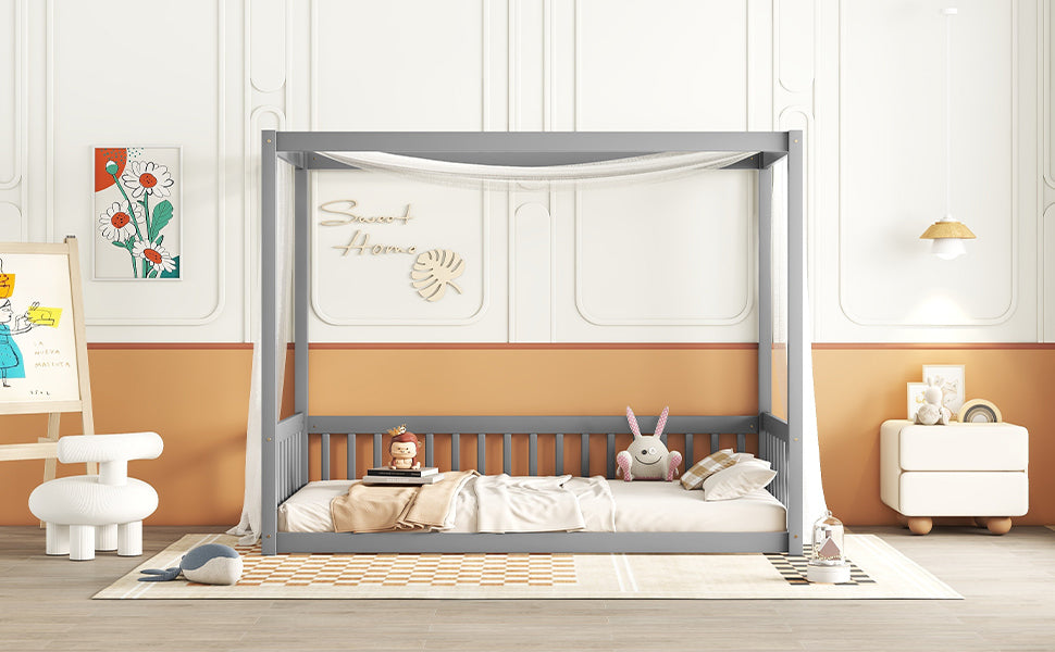 HAOYYE Twin Size Canopy Frame Floor Bed with Fence, Guardrails,Grey Sturdy Space-Saving Heavy Duty Modern Design Adults Dorm Room Easy Assembly Bedroom Furniture