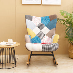 Haoyye Mid-Century Modern Rocking Chair with Patchwork Linen Upholstery, Fabric Accent Rocker with Wood Legs and High Backrest, Comfortable Retro Armchair for Living Room, Bedroom or Lounge, Sturdy Space-Saving Easy Assembly Design