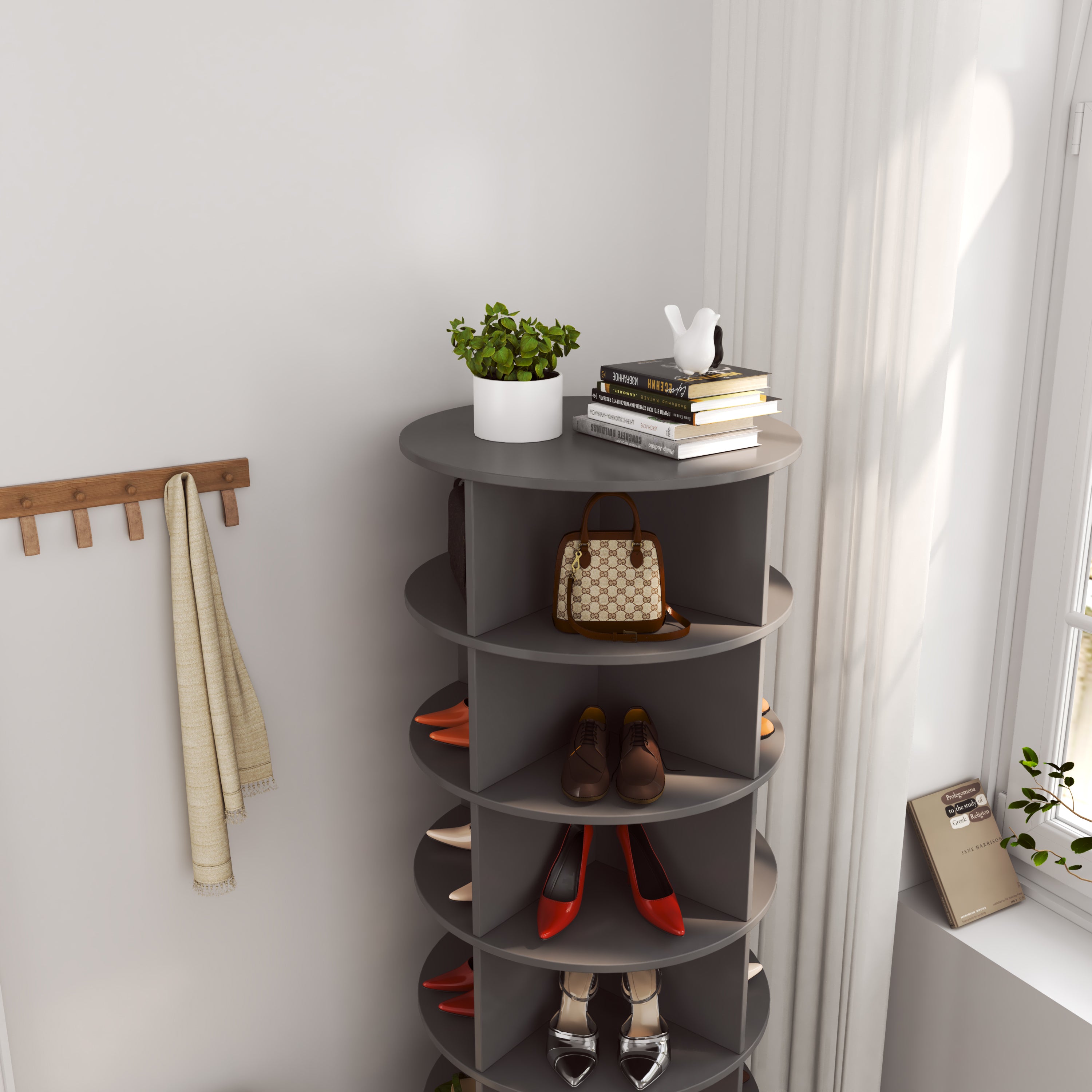 HAOYYE Grey 360 Rotating shoe cabinet 6 layers Sturdy Space-Saving Heavy Duty Modern Design Adults Dorm Room Easy Assembly Bedroom Furniture