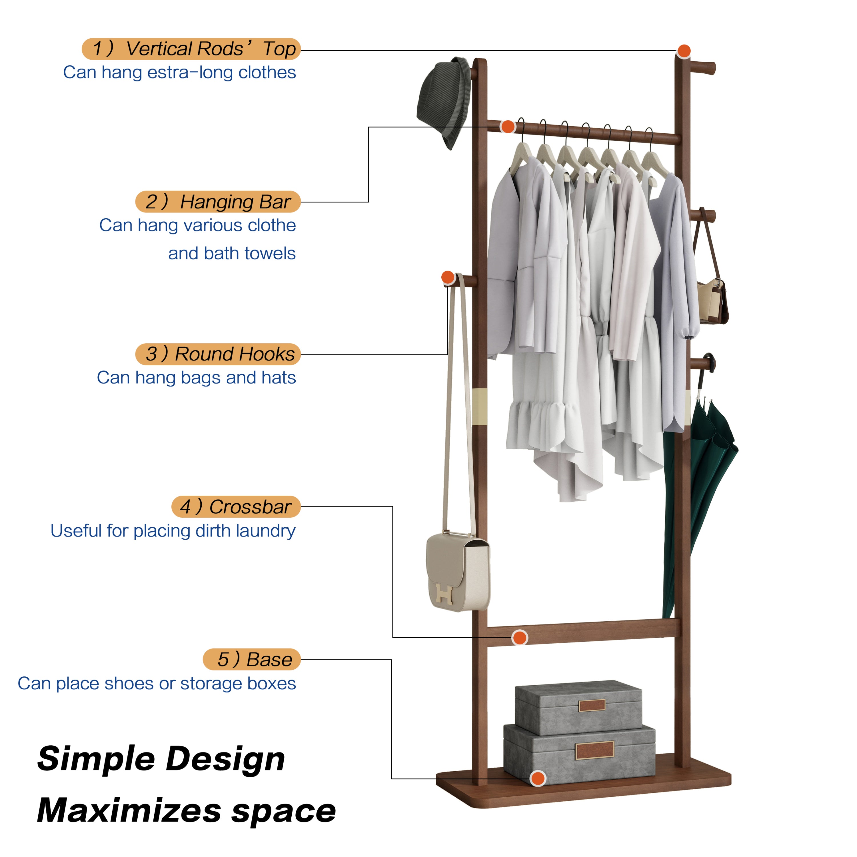 HAOYYE Solid Wood Coat Rack, Freestanding Hanger with Natural Walnut Finish, Space-Saving and Durable Design for Bedroom, Entrance, or Living Room, Easy Assembly