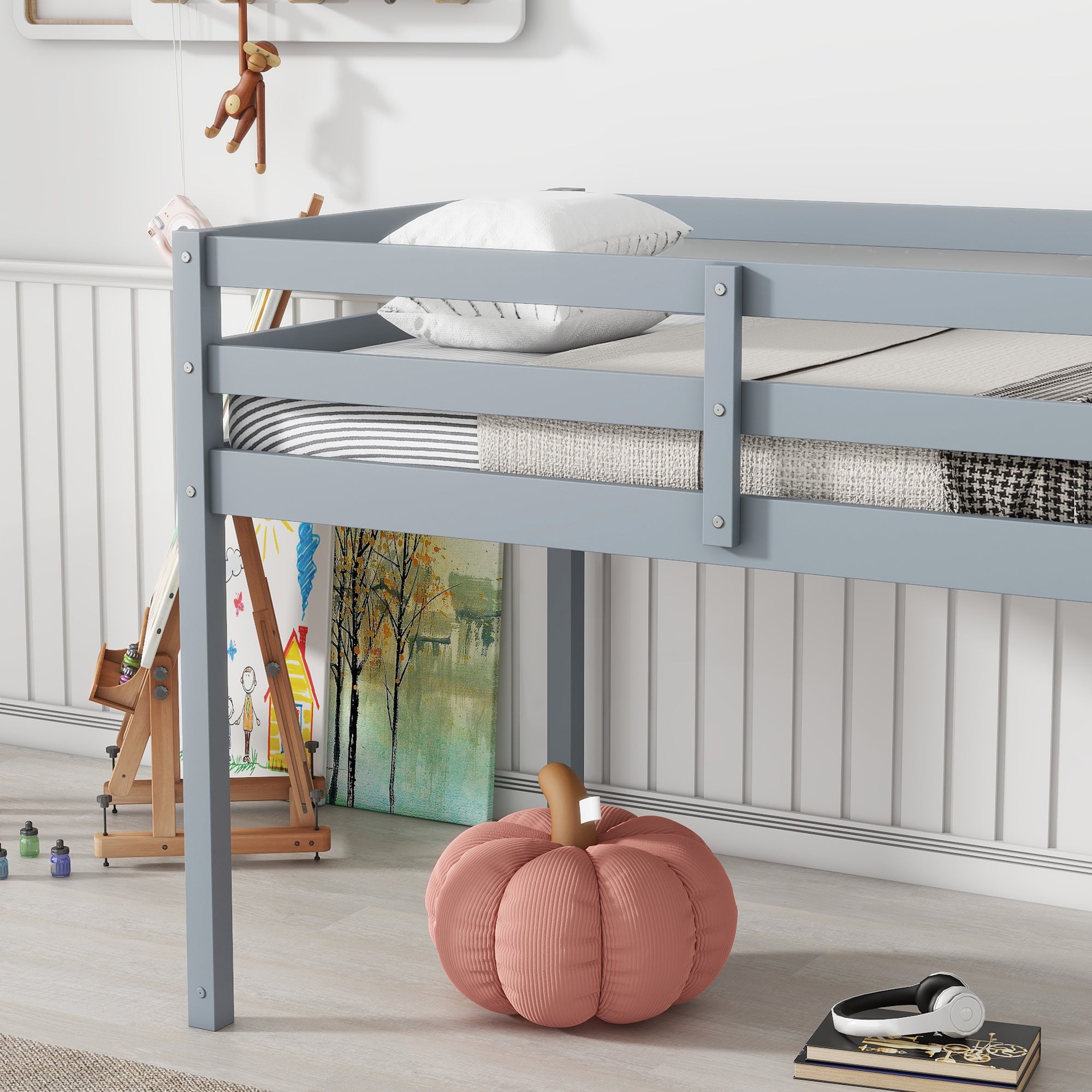 HAOYYE Solid Wooden, Rubber Wooden Twin Loft Bed with Ladder, Bed Platform of Strengthened Slats , Grey Sturdy Space-Saving Heavy Duty Modern Design Adults Dorm Room Easy Assembly Bedroom Furniture
