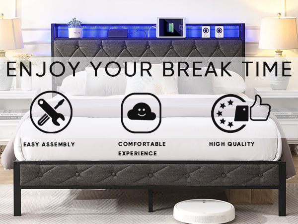 HAOYYE Full Bed Frame with Storage Headboard, Charging Station and LED Lights, Upholstered Platform Bed with Heavy Metal Slats, No Box Spring Needed, Noise Free, Easy Assembly, Dark Gray Sturdy Space-Saving