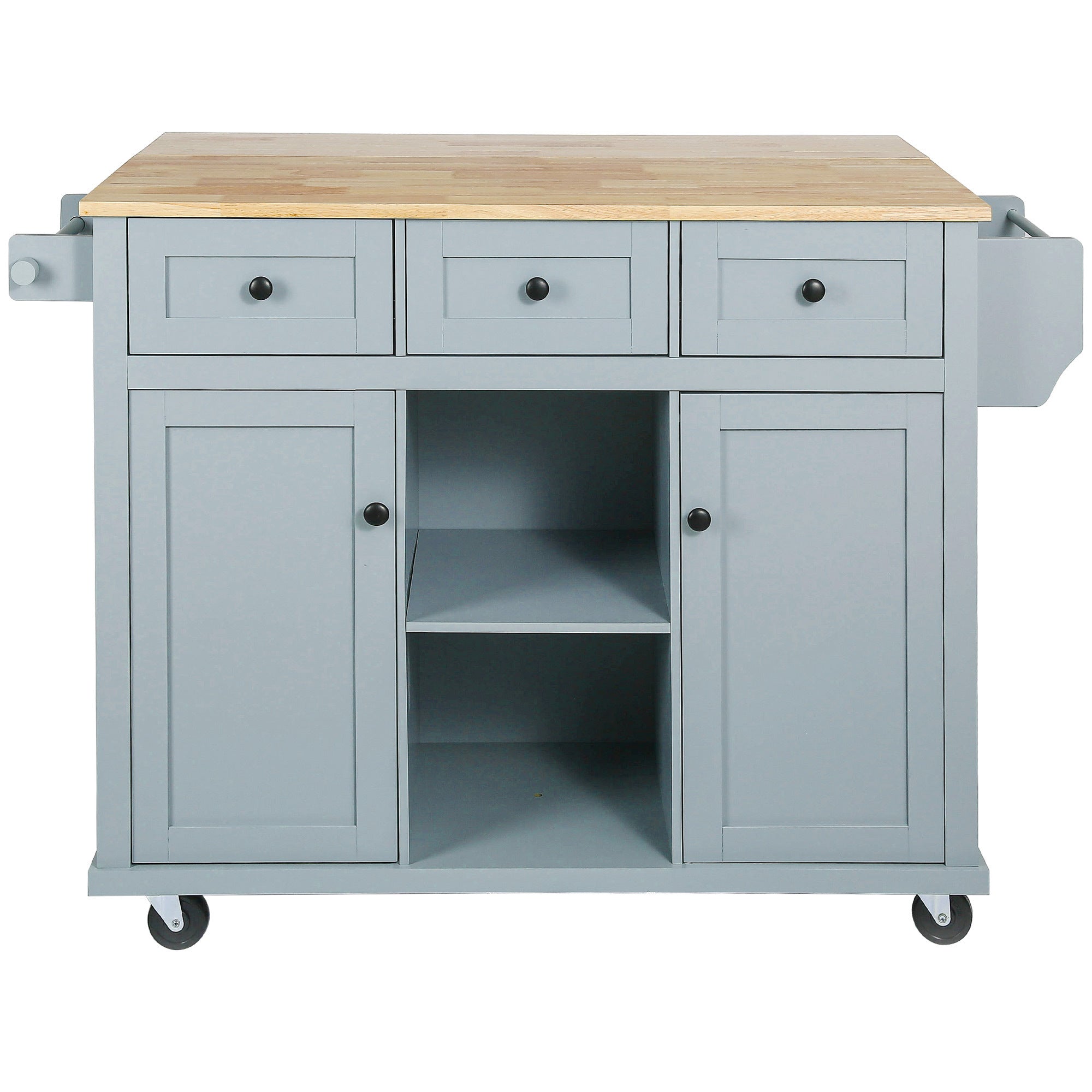 HAOYYE Kitchen Cart with Rubberwood Drop-Leaf Countertop, Cabinet Door Internal Storage Racks, Kitchen Island on 5 Wheels with Storage Cabinet and 3 Drawers for Dining Room, Grey Blue, Sturdy Space-Saving Design, Durable Home Furniture
