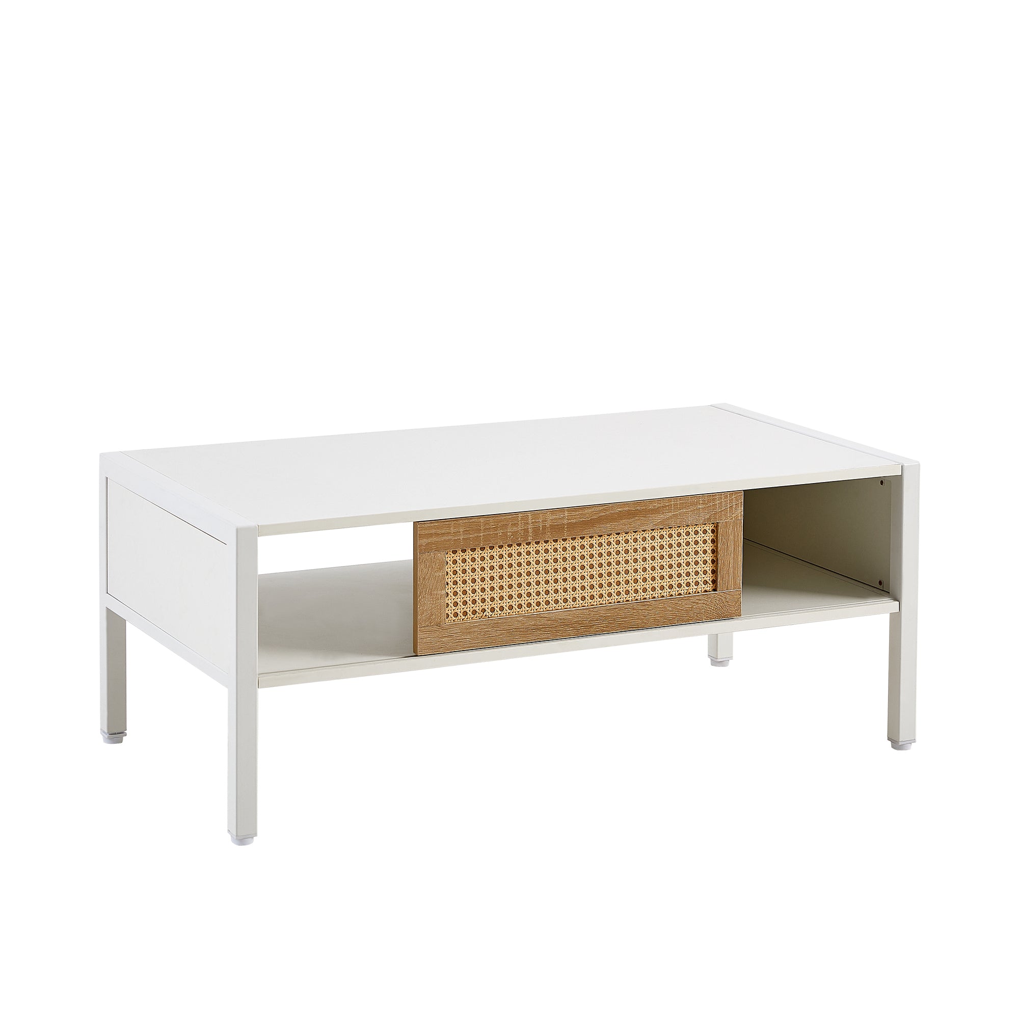 HAOYYE White Rattan Coffee Table With Sliding Door, Metal Legs, Modern Storage Table for Living Room, Sturdy Space-Saving Heavy Duty Design, Easy Assembly