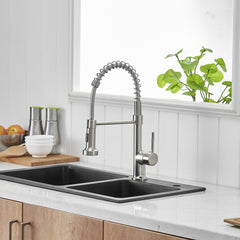 Haoyye Commercial Kitchen Faucet with Pull Down Sprayer, Single Handle Gooseneck Faucet with Dual Spray Modes and 360° Swivel, Heavy Duty Brass Design for Farmhouse, RV, Restaurant, or Utility Sink, Space-Saving and Easy to Install