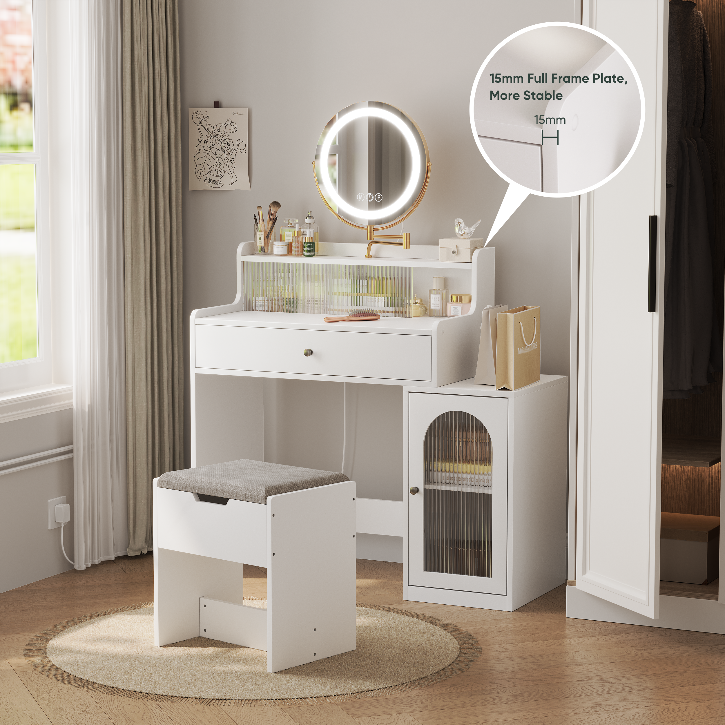 HAOYYE White Vanity Desk with 360° Rotated Mirror and Adjustable Lights, Girls Makeup Vanity Table with Storage Drawer, Side Cabinet with Waveform Glass Doors, Stylish Dressing Table with Chair for Bedroom, Elegant Storage Solution for Beauty Essentials.